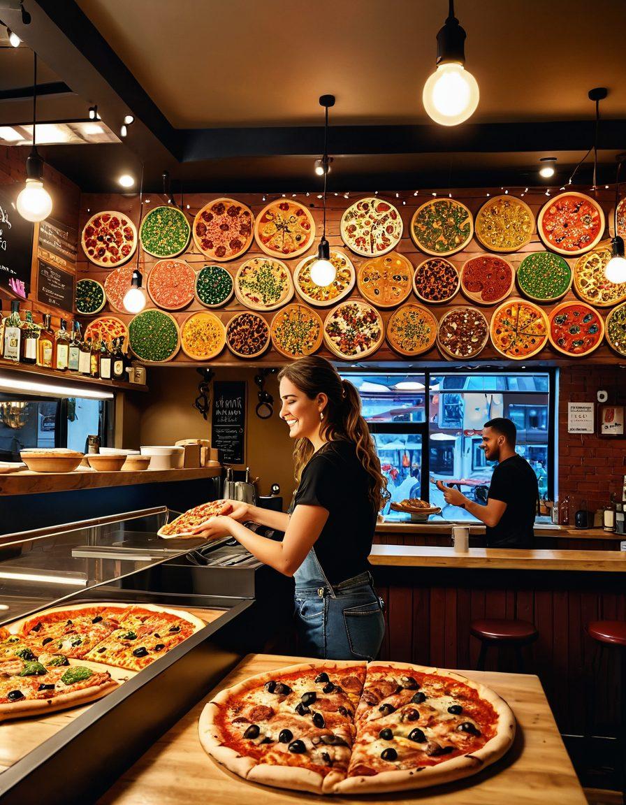 A warm, cozy pizzeria interior showcasing a vibrant pizza counter, topped with a variety of colorful, mouth-watering pizzas. Lively customers enjoying their meals, with laughter and joy in the air. Decorated walls with cheerful artwork and string lights, creating an inviting atmosphere. A slice of pizza being handed over with a welcoming smile. vector art. warm colors. 3D.