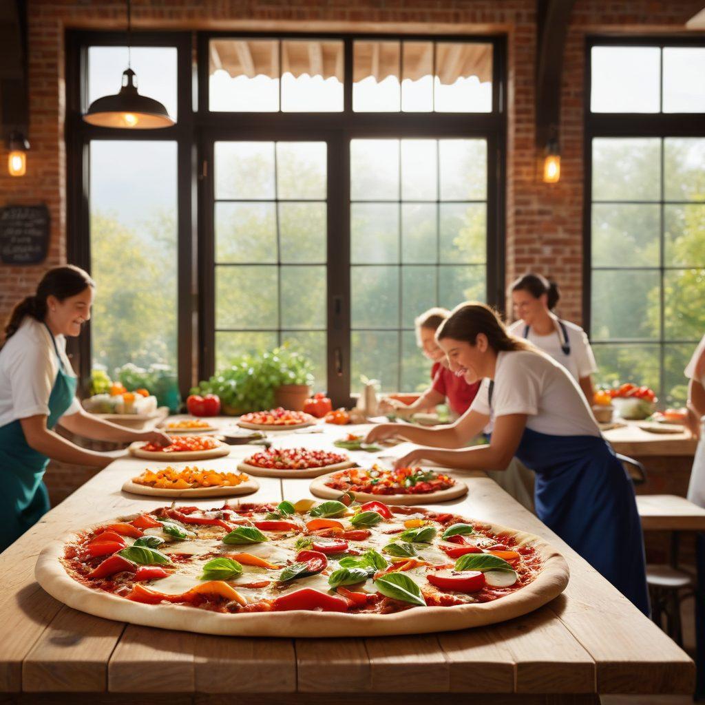 A vibrant pizzeria scene featuring colorful, freshly sliced pizzas topped with an array of playful ingredients like bright bell peppers, fresh basil, and gooey mozzarella. The atmosphere is lively, with happy families and friends enjoying their meals at rustic wooden tables, while an artisan chef tosses dough in the background. Sunlight streams through large windows, creating a warm and inviting ambiance. super-realistic. vibrant colors. 3D.