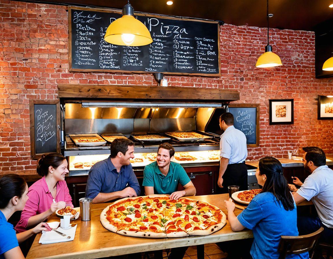 A cozy, inviting pizza joint bustling with cheerful customers enjoying slices of pizza, surrounded by warm lighting and playful decor. A close-up of a delicious, cheesy pizza being taken out of a wood-fired oven with a backdrop of smiling patrons. Include elements like colorful pizza toppings and a chalkboard menu highlighting joyful phrases. super-realistic. vibrant colors. warm atmosphere.